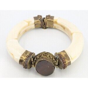Vintage Bone Style Bracelet 6.5 Brown Stone Brass Hinged Cuff Bangle 69 g Boho